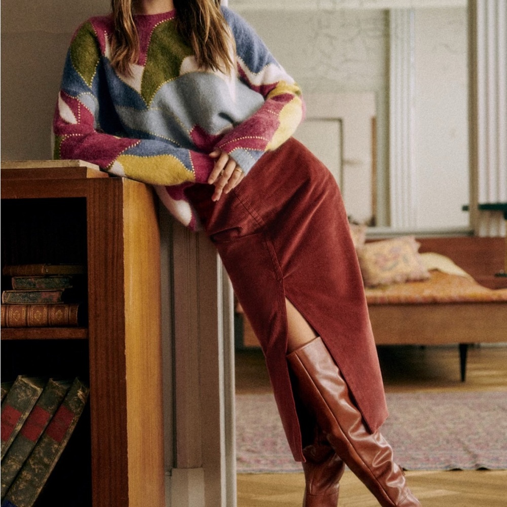 Colorful Geometric Sweater and Red Skirt